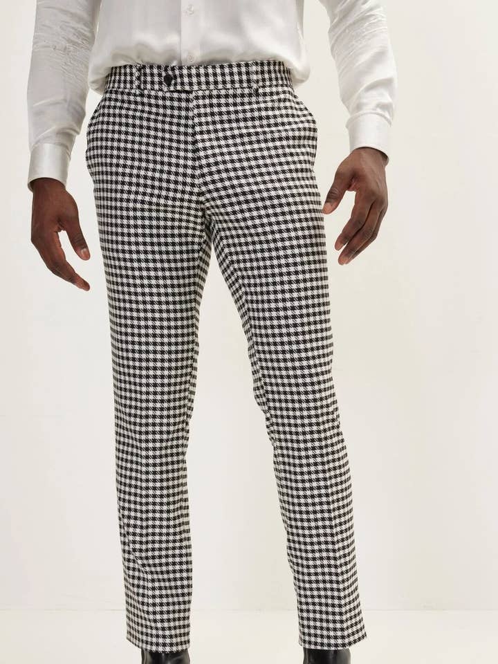 Pantalon habillé pied de poule pour hommes - noir et blanc pour la vente par Ron Tomson
