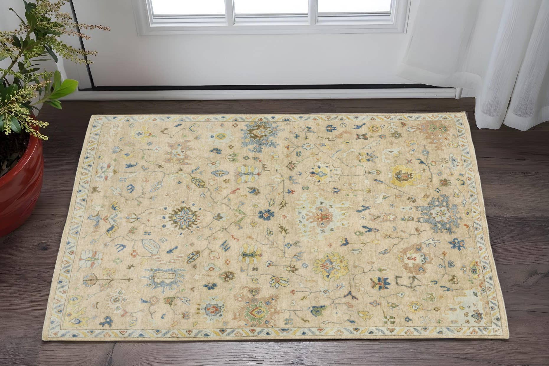 HomeRoots - Wholesale Area Rug - 2' X 3' Beige Blue And Yellow Wool Oriental Hand Knotted Area Rug With Fringe1