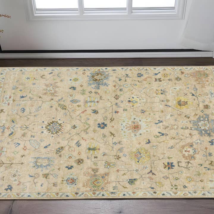 HomeRoots - Wholesale Area Rug - 2' X 3' Beige Blue And Yellow Wool Oriental Hand Knotted Area Rug With Fringe1