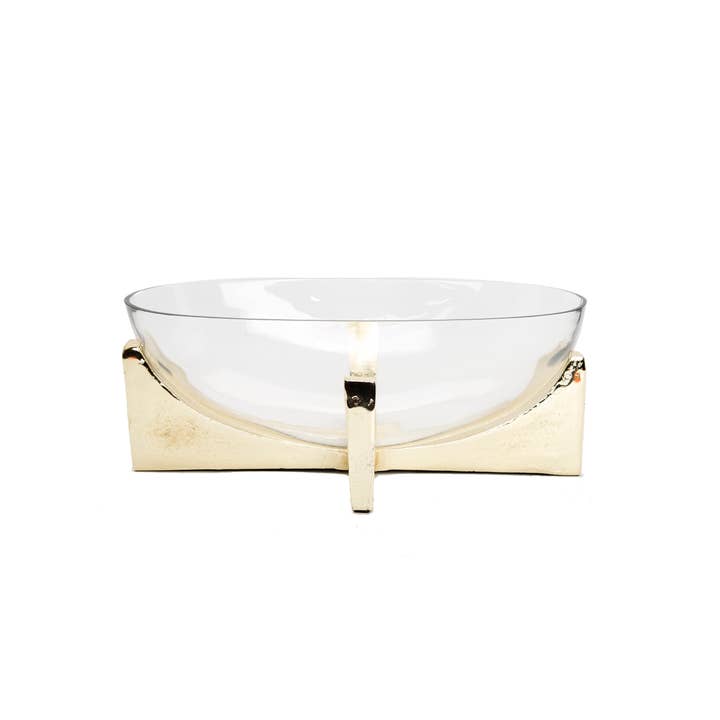 Glass Oval Bowl on Gold Block Base for wholesale by CLASSIC TOUCH DECOR INC.