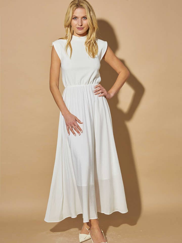Robe longue sans manche bi matière en maille et mousseline pour la vente par ELLI WHITE
