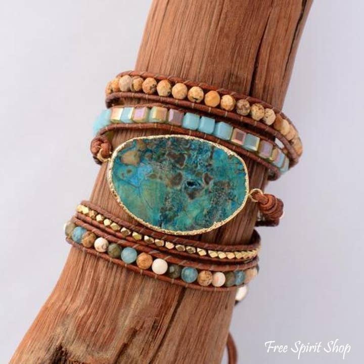 Free Spirit Shop - Venta al por mayor Pulsera de cuentas - Brazalete cruzado de piel de jaspe marino dorado, pulsera con cuentas bohemio2