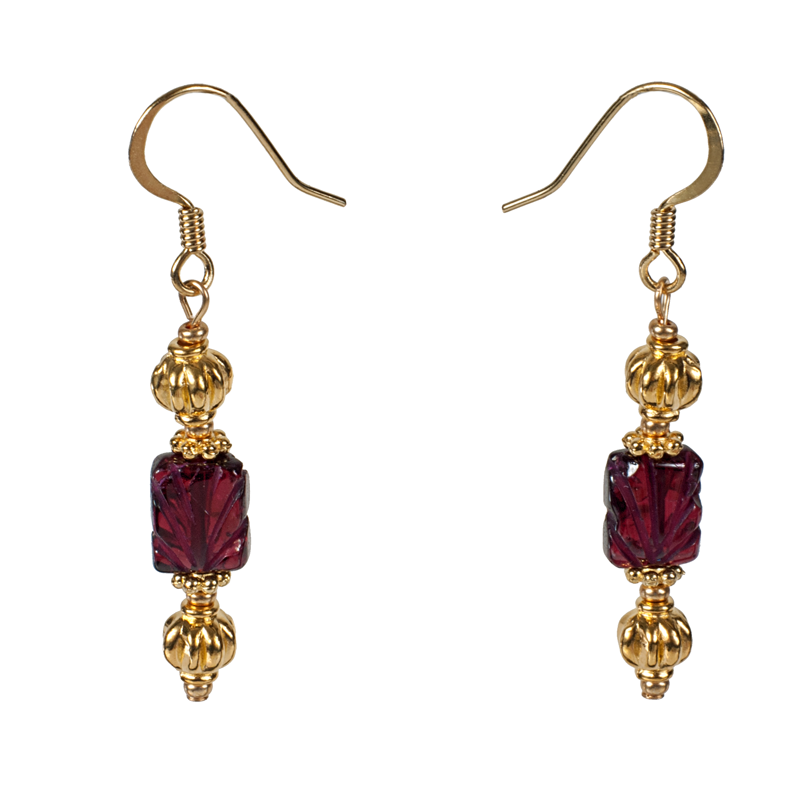 KJK Jewelry Inc. - Wholesale Dangle Earrings - Carved Garnet Square & Gold Earring1