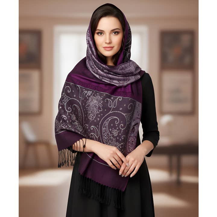 SERENITA - Wholesale Scarf - Women's - Lurex Section Metallic Paisley Pashmina Shawl Wrap Scarf14