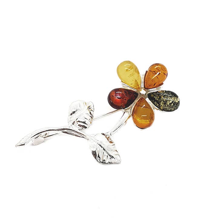Multi-Color Amber Sterling Silver Flower Pin/Brooch for wholesale by Amberman