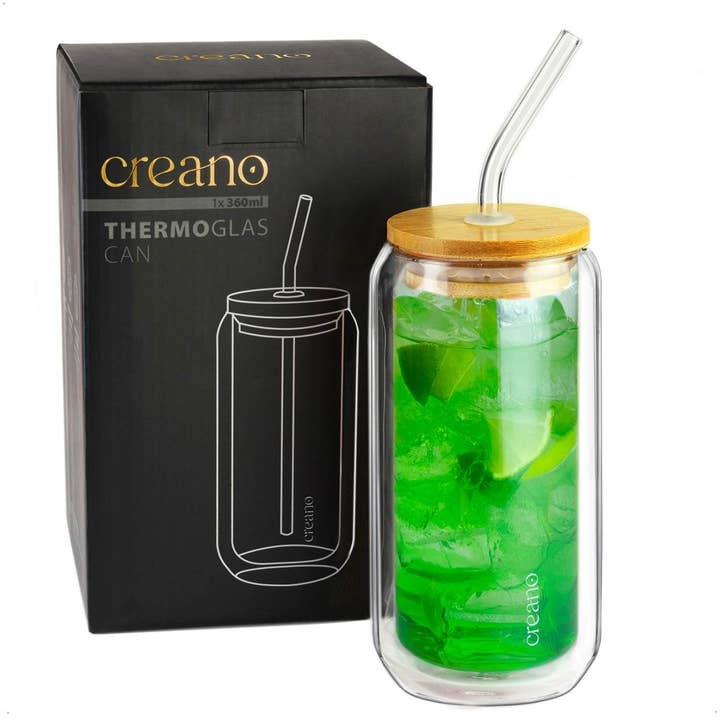 Creano - Wholesale Drinking Glass/Cup - Creano double-walled glass bamboo lid, straw 360ml 1er6