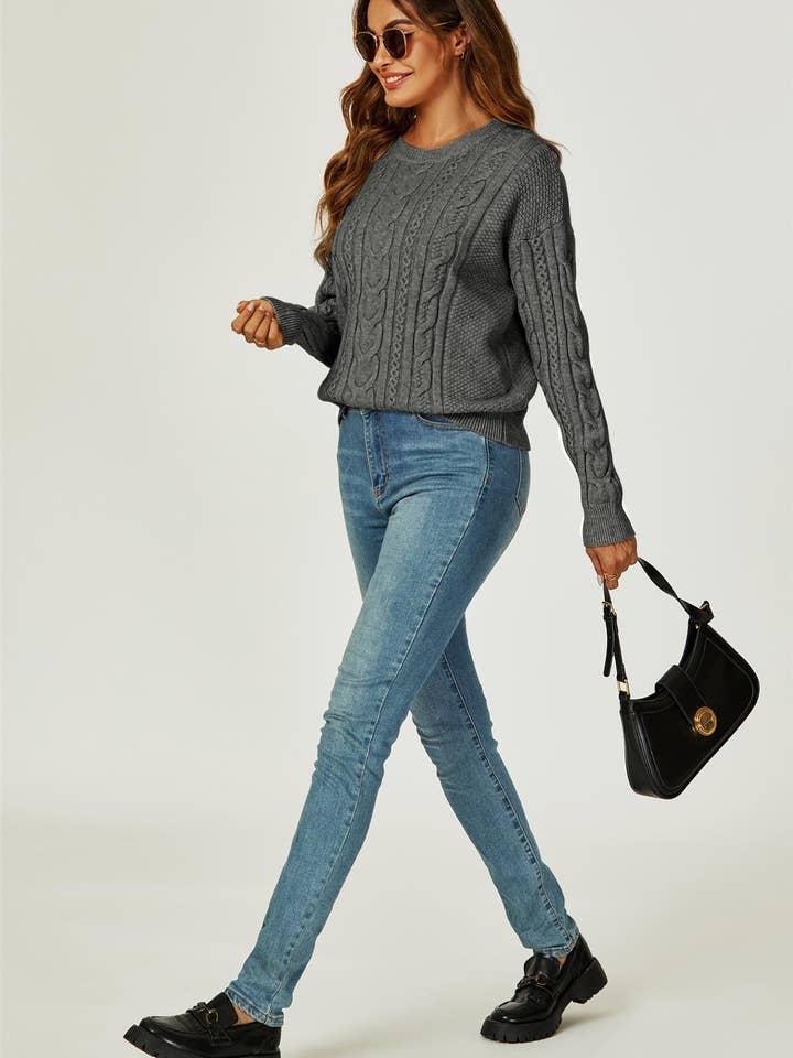 Cable Knit Crew Neck Jumper In Dark Grey for wholesale on Faire4