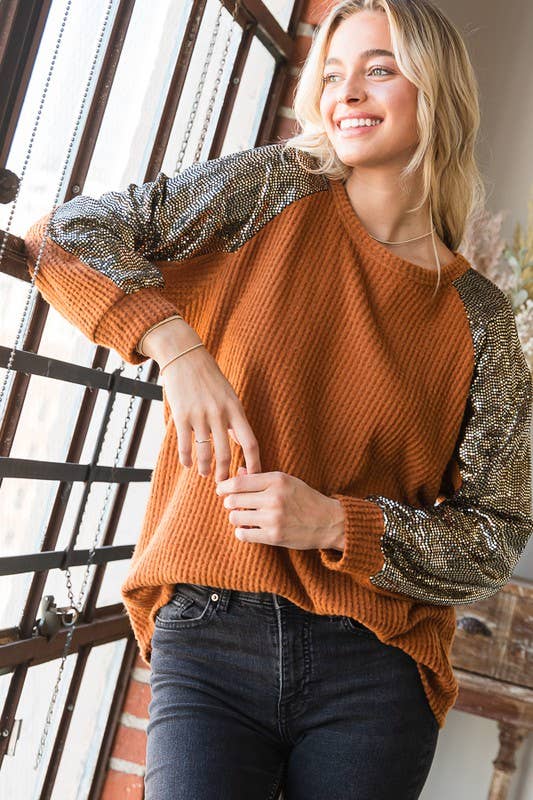 HEIMISH – wholesale Sweatshirt – Women's – ET6837-10 SOLID WAFFLE AND SEQUINS TOP13