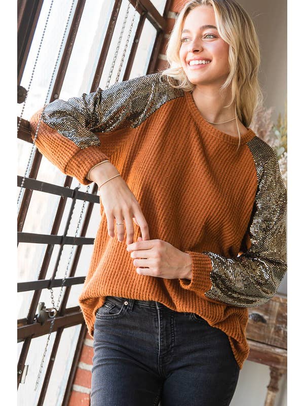 HEIMISH – wholesale Sweatshirt – Women's – ET6837-10 SOLID WAFFLE AND SEQUINS TOP13