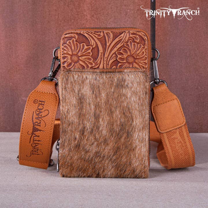 REMOVED BRAND - Wholesale Crossbody Bag - Women's - TR159 -183 Trinity Ranch Genuine Hair-On Cowhide /Tooled Collection Phone Purse with Coin Pouch1