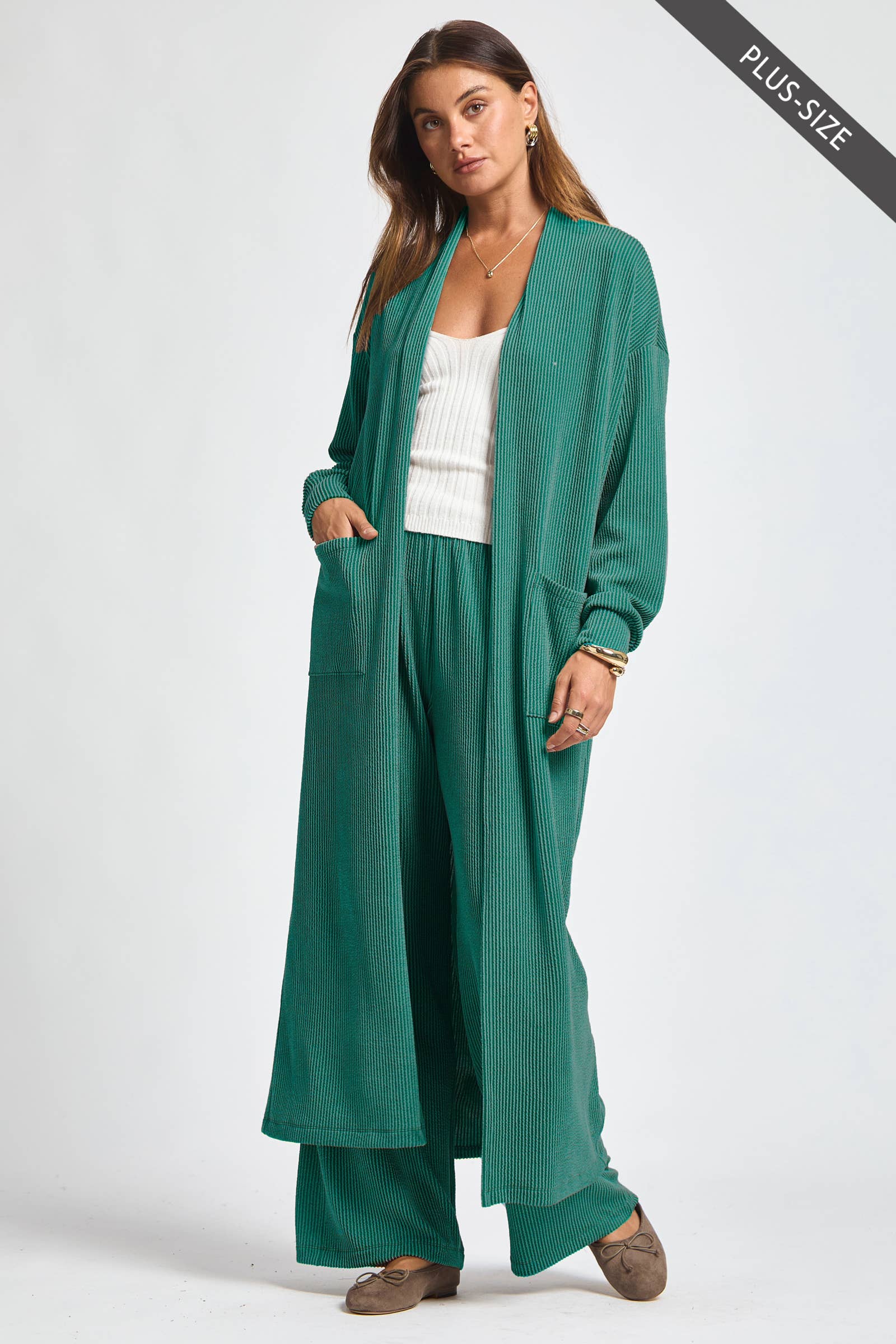 Dear Scarlett - Wholesale Top & Pant Set (NOT Loungewear) - Women's - PLUS SIZE Longline Cardigan + Relaxed Pants 2 Piece Set5