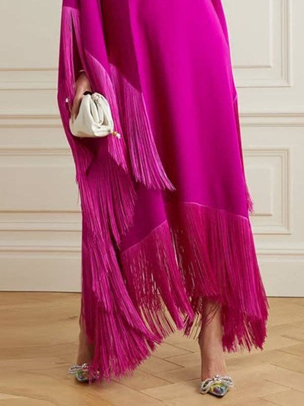 FUCHSIA ​Tassel High Neck Batwing Split Maxi Dress for wholesale on Faire2