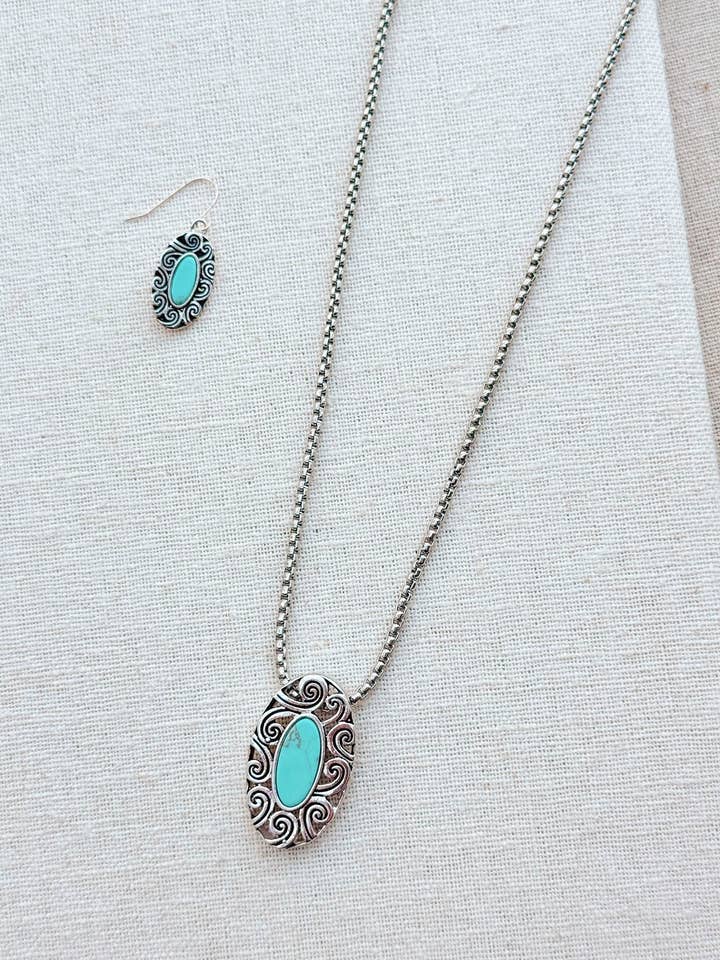 Antike silberne geprägte Türkis-Anhänger-Halskette-Set für den Großhandel von Juniper Wish