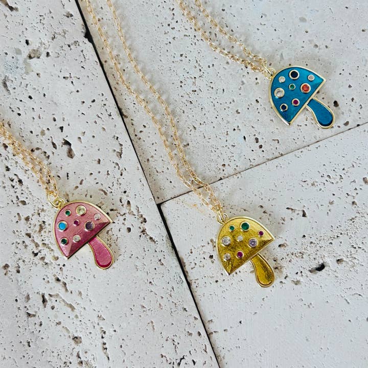 Small mushroom pendant necklace colorful spring summer chain for wholesale by Amady Jewelry