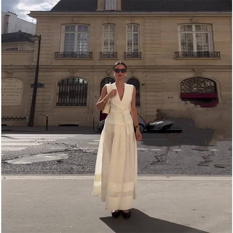 WHITE Solid Color V-Neck Sleeveless Belted A-Line Maxi Dress for wholesale on Faire2