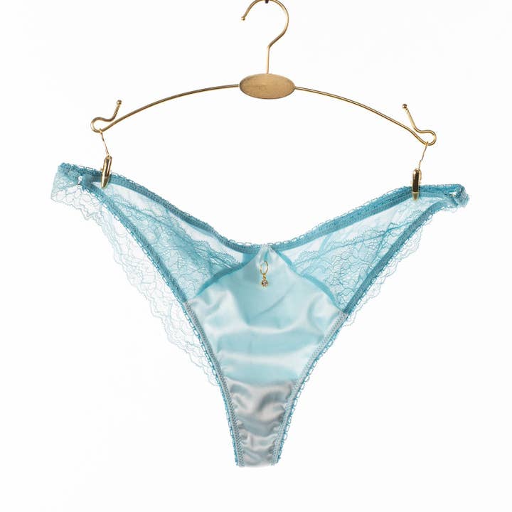 Baby Blue Satin and Lace Knicker Blue Satin Brazilian for wholesale by Roshni Desai Designs