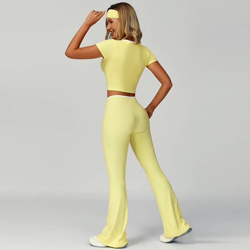 WONDERXFANS – wholesale Träningskläder – Dam – Kortärmad topp + pannband + utsvängda byxor 3-delars set5