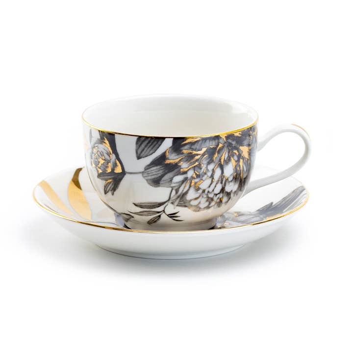 Grace Teaware - Wholesale Tea Set - Black Gold Peony 7oz Fine Porcelain Tea Cup and Saucer