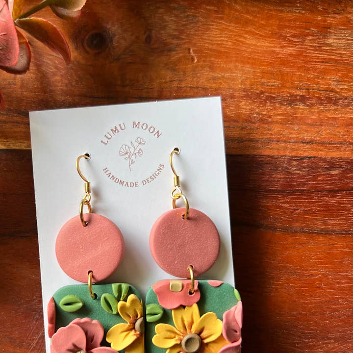 Green Spring Floral Earrings - Two colour Square bottom for wholesale by Lumu Moon Handmade Designs