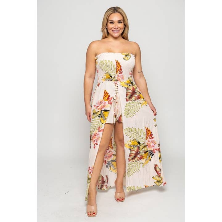 PLUS SIZE TROPICAL SMOCKED TUBE ROMPER for wholesale by Curve Market