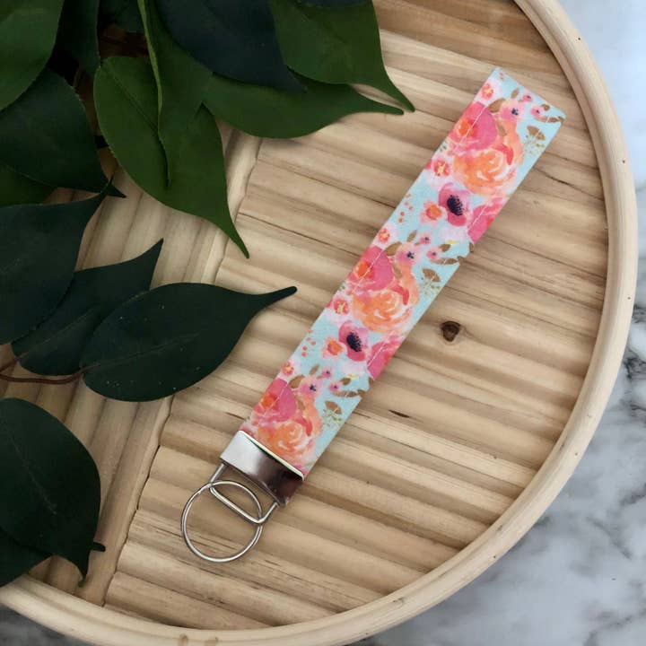 Blush Floral Print Tecido Wristlet Keychain, chaveiro por atacado de MDStickerShop