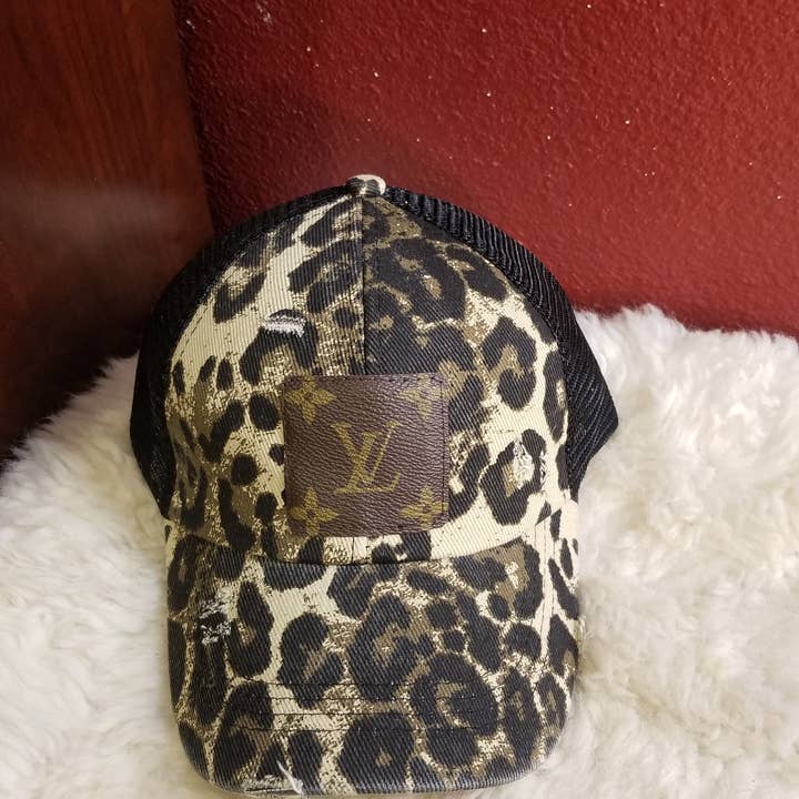 Upcycled LV cap black leopard for wholesale by Upcycled Always & Forever accessories