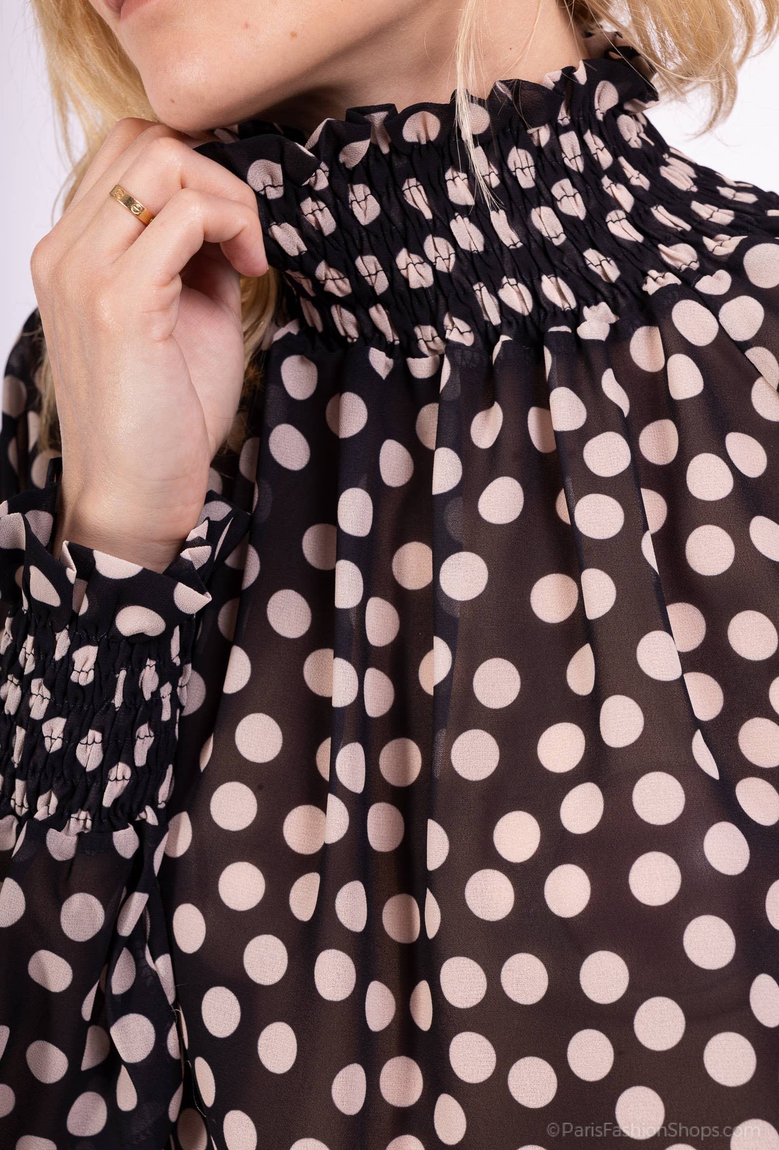 L'Emotion - Wholesale Blouse - Women's - High Collar Blouse with Smocked Cuffs and Patterned Chiffon8