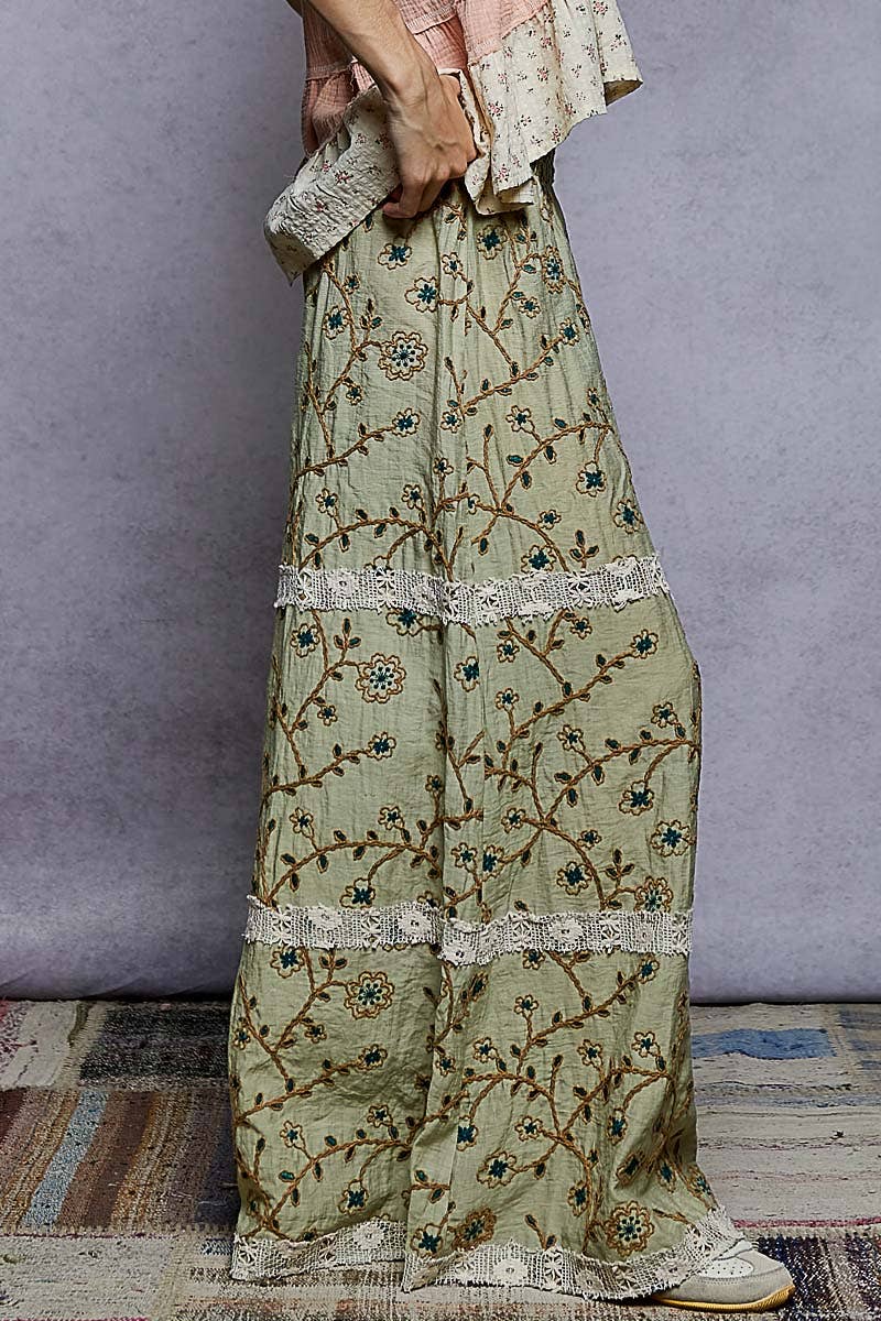 Pol Clothing - Wholesale Pants - Women's - Crochet lace patch embroidered woven floral pattern pants11