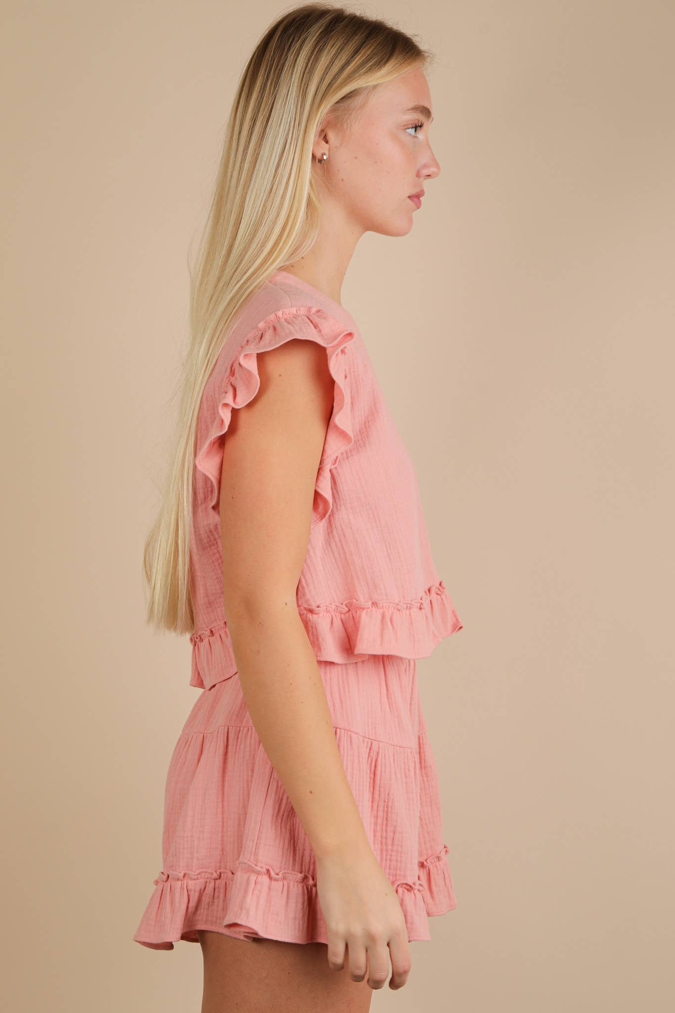 VERY J - Wholesale Top & Short Set (NOT Loungewear) - Women's - NT12150SET-Ruffled Solid Woven Top & Shorts Set3