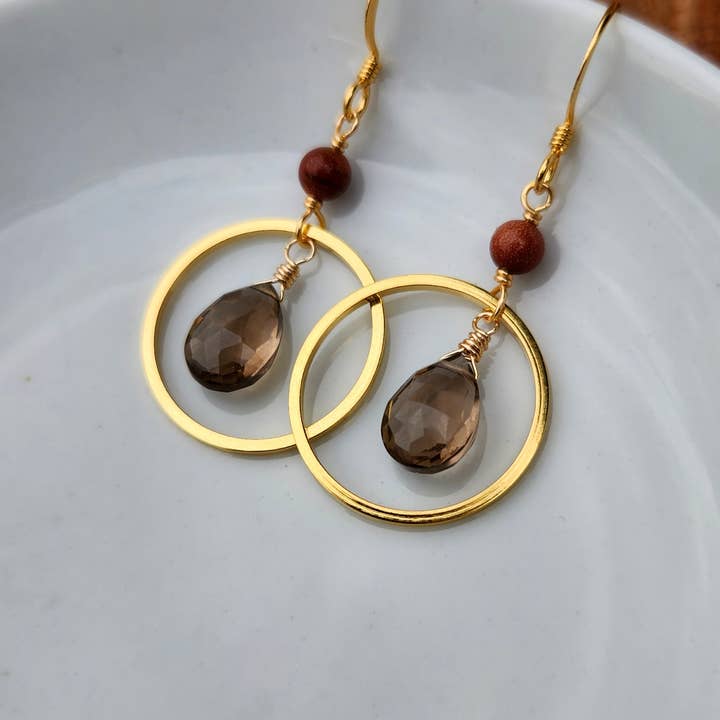 Smoky Quartz and Goldstone Gold Circle Earrings for wholesale by Edgy Petal Jewelry