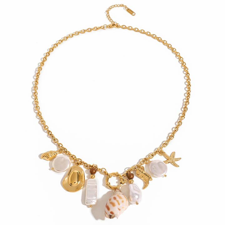 Seashell Pearl Charm Necklace waterproof for wholesale by Savvy Bling