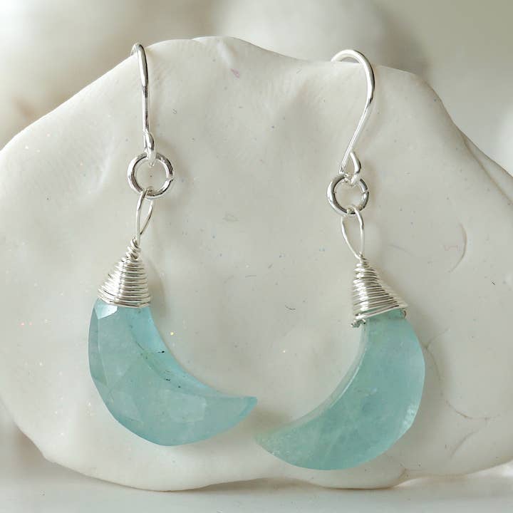 Raw Aquamarine Moon Earrings, March Crystal, Zodiac Jewelry for wholesale by Raw Stone Elegance