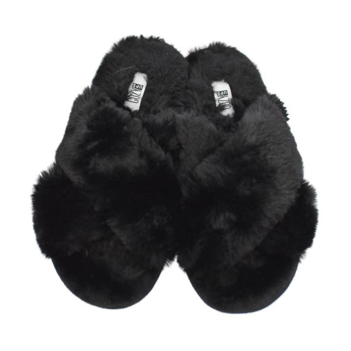 Flauschige schwarze Willa Pantoffeln für den Großhandel von Cozy Ups