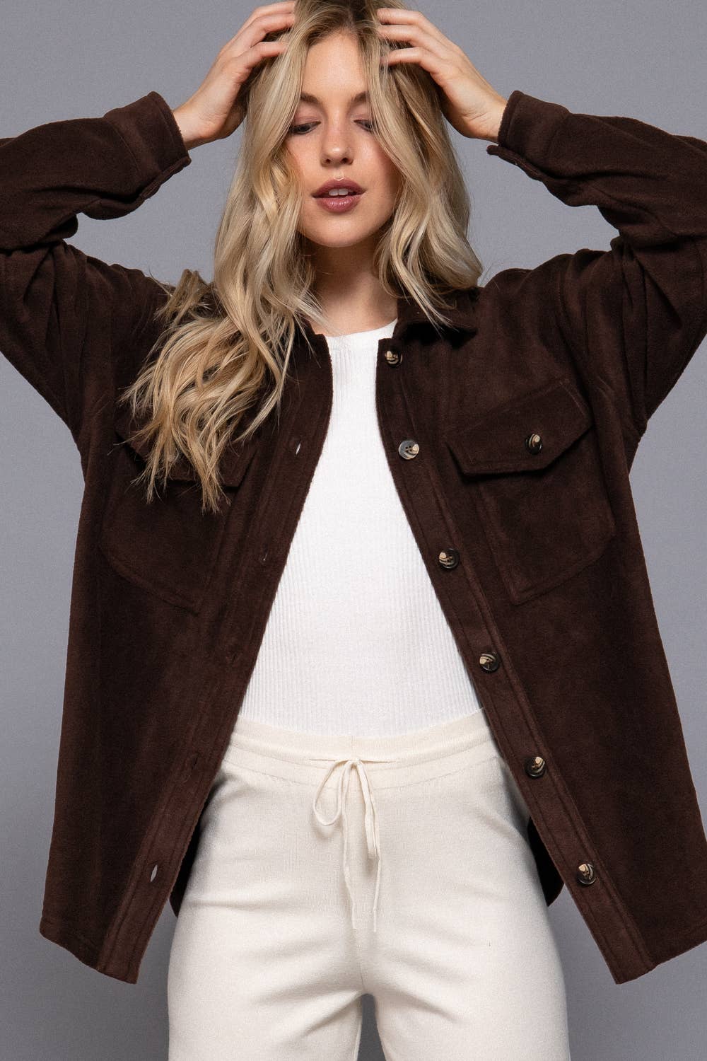 Active Basic | Active USA - Wholesale Shirt Jacket/Shacket - Women's - Long Sleeve Notched Collar Front Pocket Fleece Jacket 14