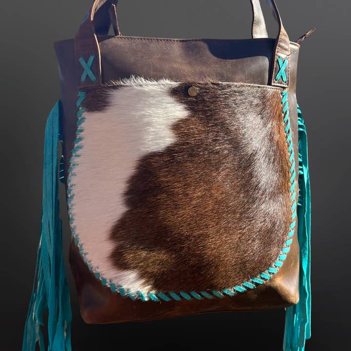 Turquoise Leather Buck-Stitched Cowhide Tote Purse for wholesale by Westrian International