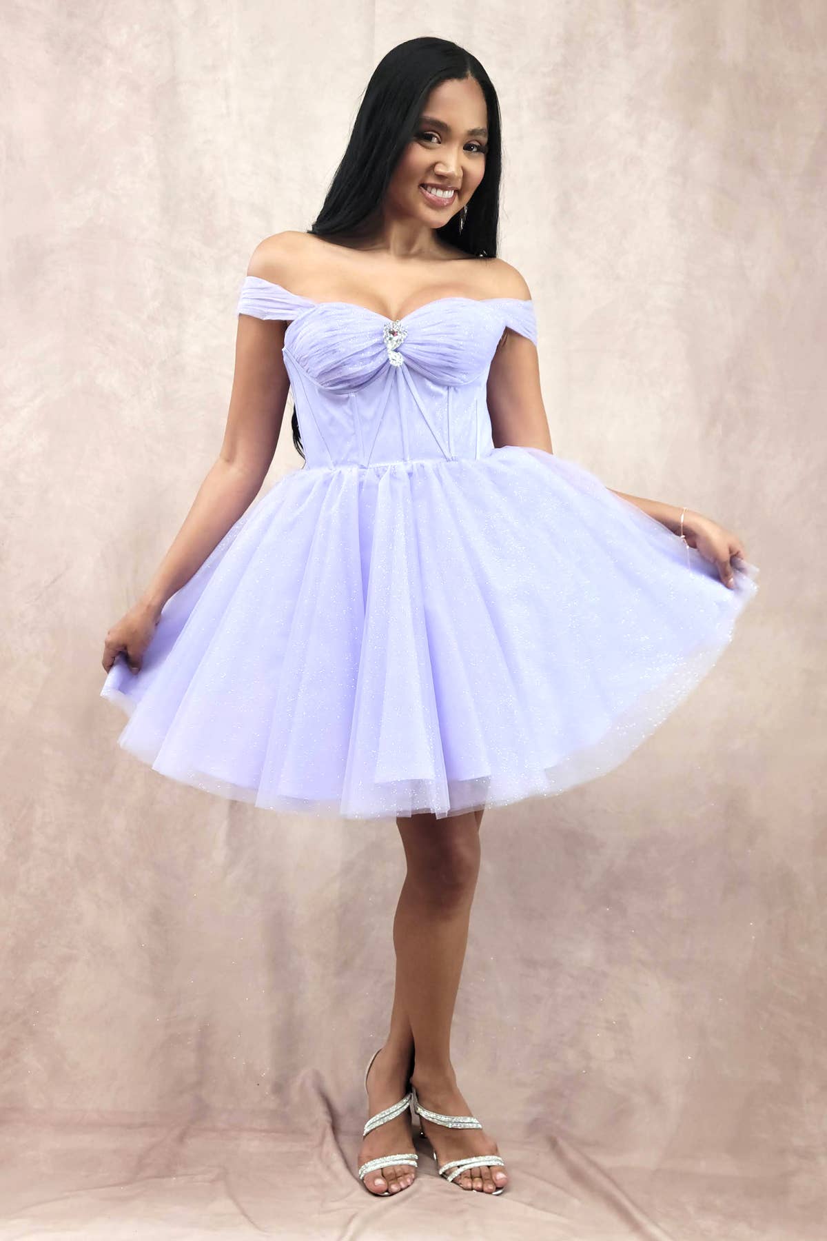 Chicas - Wholesale Dress - Women's - Short Off The Shoulder Tulle Dress With Brooch30