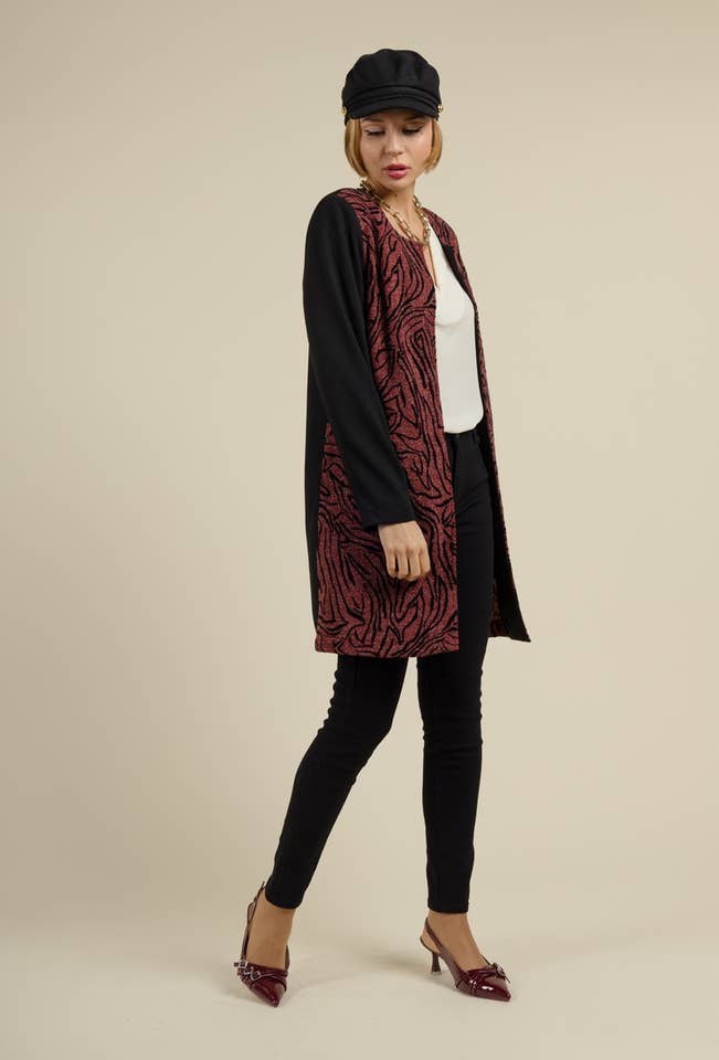 You Udress - Wholesale Jacket - Women's - Black and Burgundy Mid-Length Jacket with Imp Velvet Details4