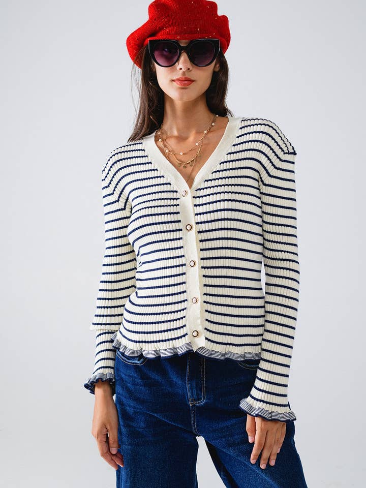 White Striped Cardigan in Cream with Ruffle Trim for wholesale on Faire
