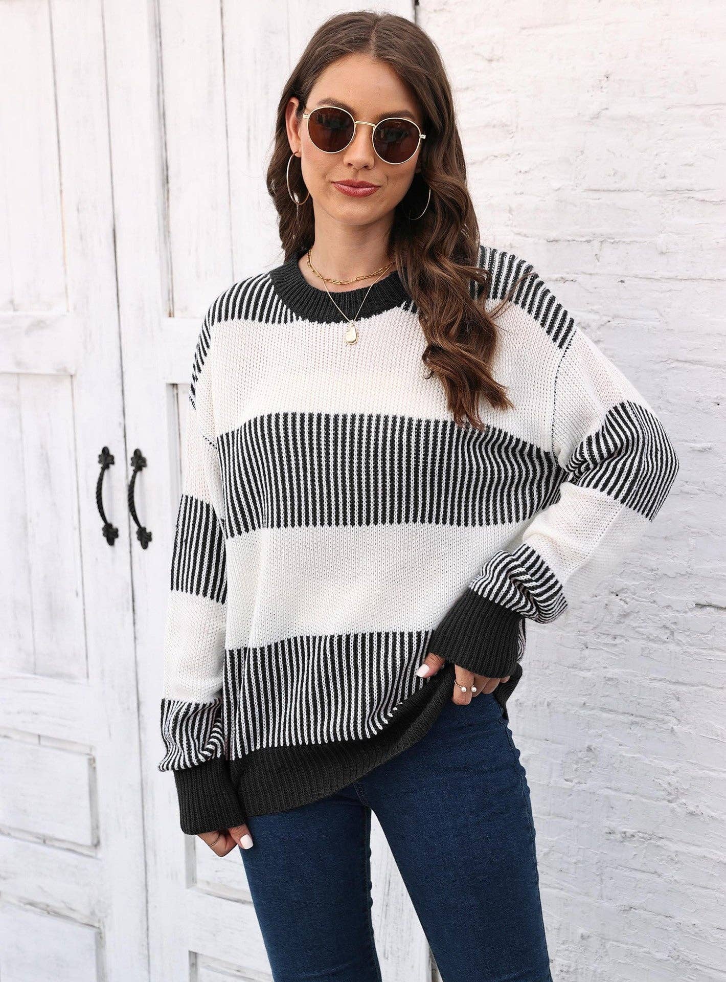Suhkasana - Wholesale Knit Sweater - Women's - Plus Size Colorblock Striped Sweater | Cozy Fall/Winter Knit21