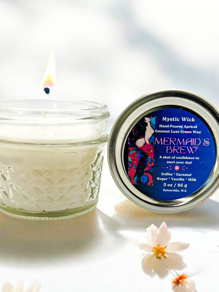 Coffee Shop - (Mermaid's Brew) Apricot/Coconut Wax - Mason Jar Candle 3 oz. for wholesale by Mystic Wick LLC