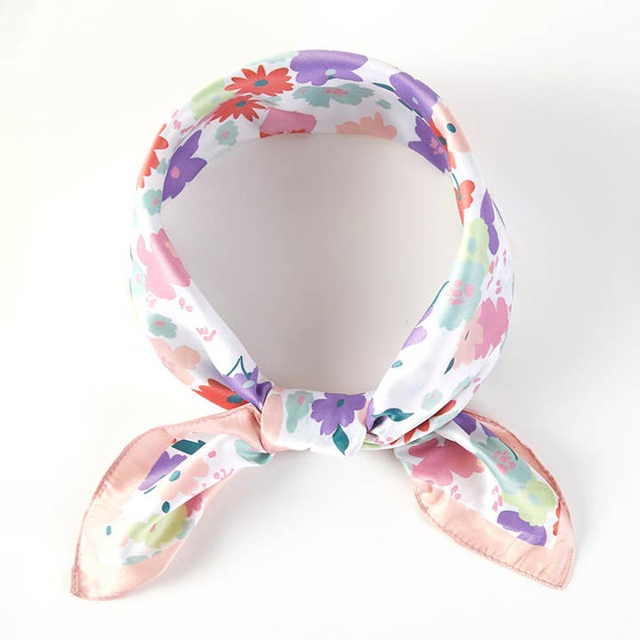 Sensibling Corp. - Wholesale Scarf - Women's - Pastel Meadow Floral Printed Square Silky Satin Scarf