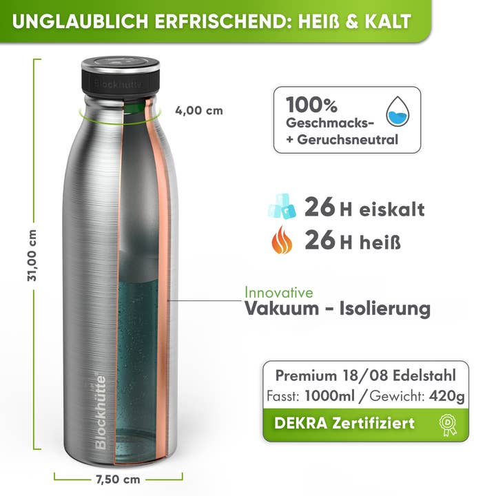 Blockhütte - Vente Bouteilles d'eau - Bouteille d'eau de sport en acier inoxydable de qualité supérieure, 1000 ml, isolée3