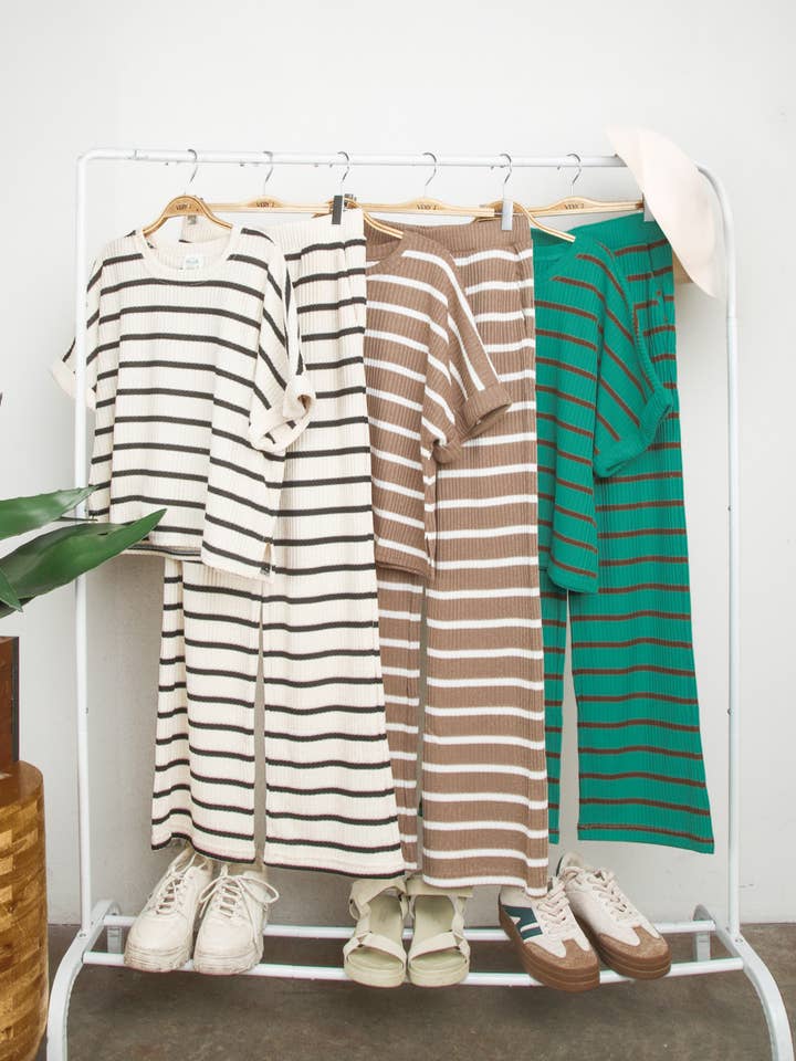 VERY J - Wholesale Lounge Set - Women's - NT11974SET-Striped Casual Top & Pants Set