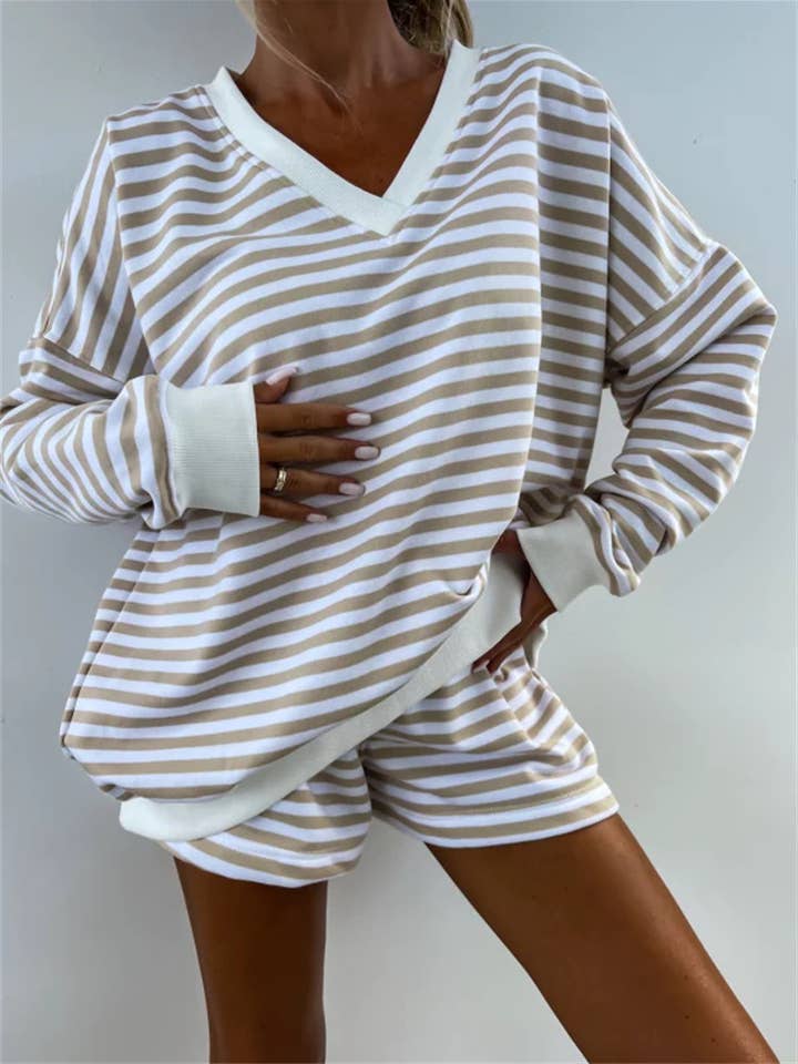 Rosa Clothing - Wholesale Top & Short Set (NOT Loungewear) - Women's - Striped V-Neck Oversized Sweatshirt Shorts Set