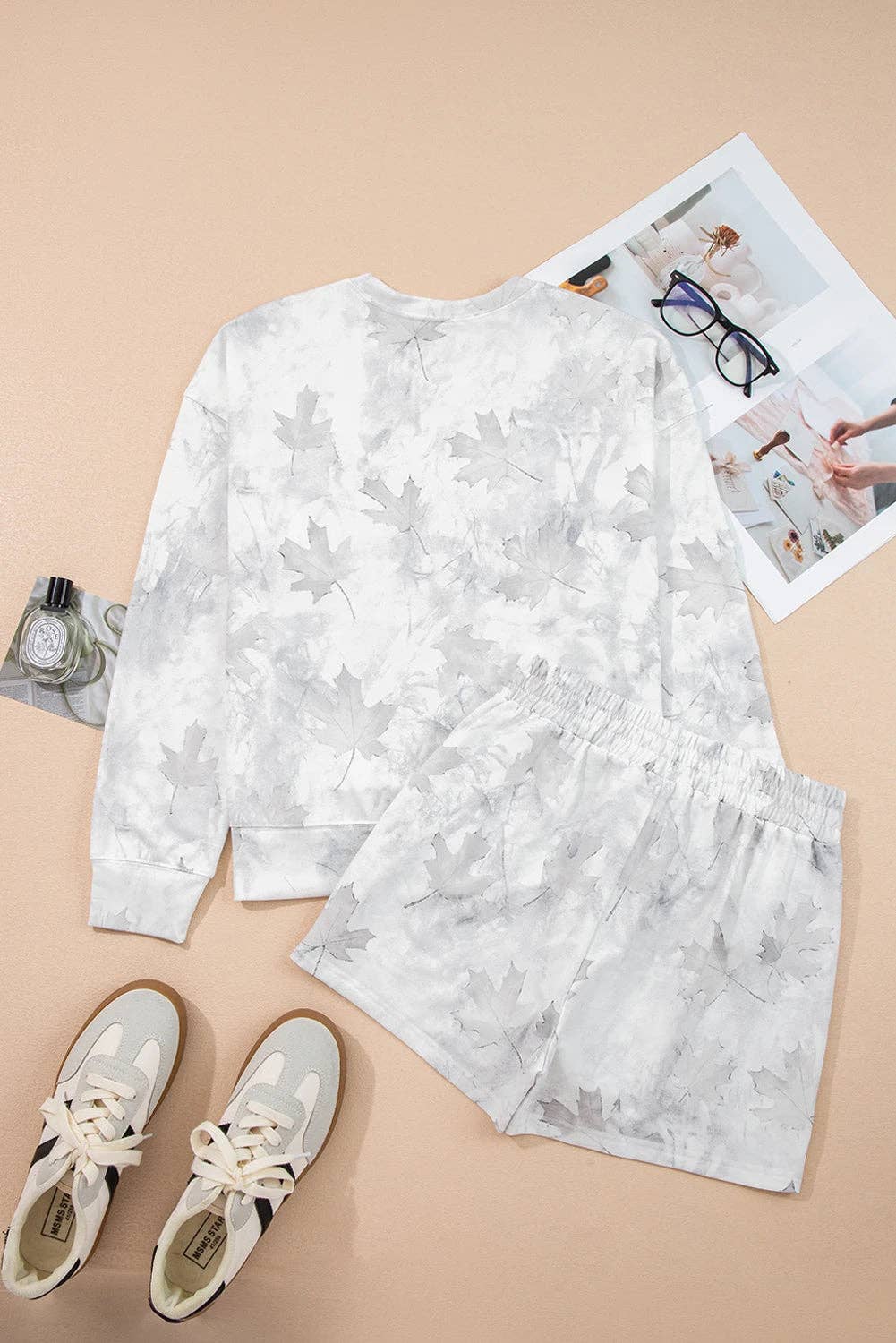 Beige Camo Print Lounge Pullover and Elastic Waist Short Set for wholesale on Faire8