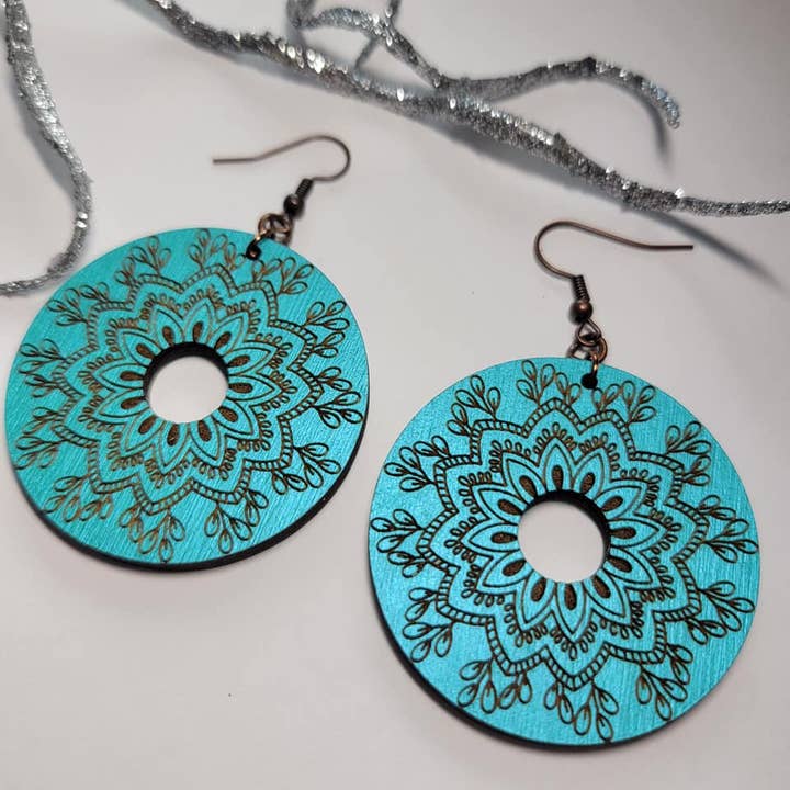 Metallic Teal Mandala Wood Earrings for wholesale by Elskas Designs
