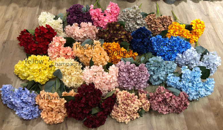 Sweet Home Deco – wholesale Artificial flowers – 18" Super Soft Silk Hydrangea Artificial Flower YellowOrange6
