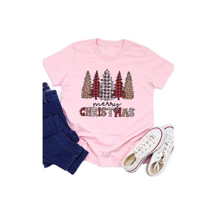 Red Plaid and Leopard Merry Christmas Tree Kids Graphic Tee for wholesale by Kids By Kissed Apparel