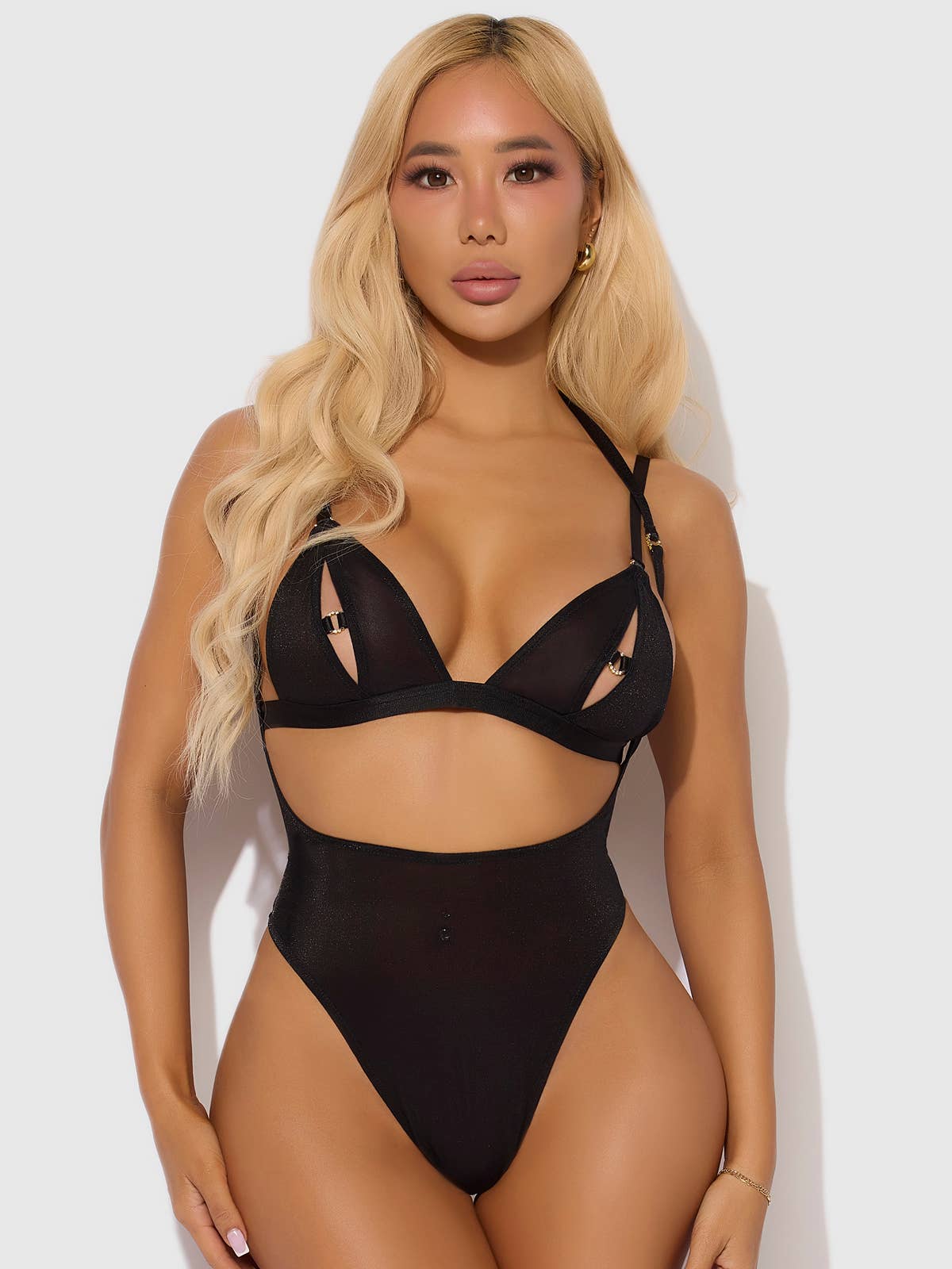 House of Desire - Wholesale Lingerie Bodysuit - Women's - YASMINE SHIMMER MESH SLIT CUP, BACKLESS TEDDY & BRALETTE SET0