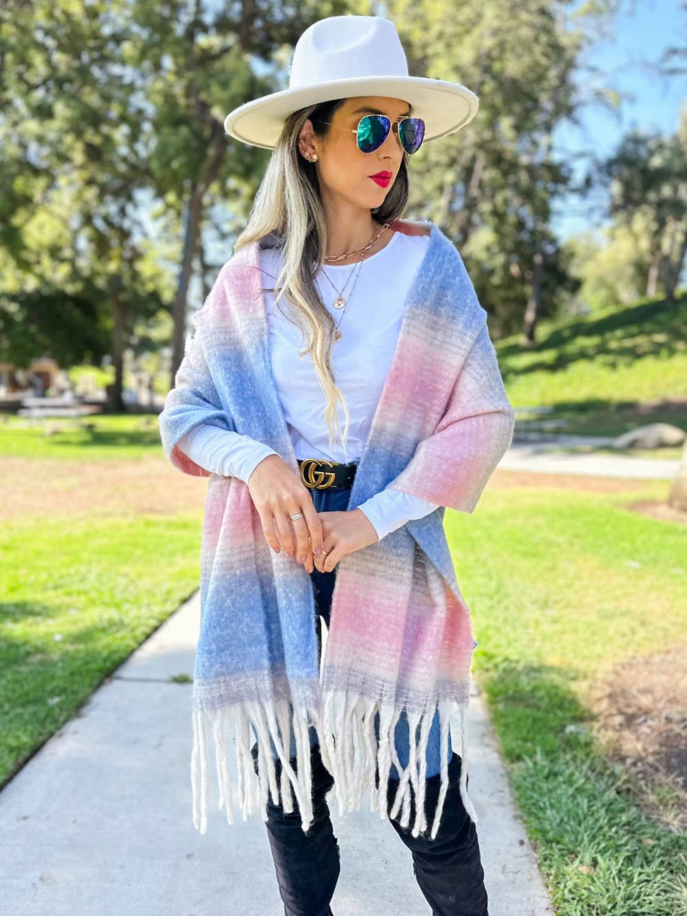 Multi Two-Tone Printed Knit Oblong Scarf with Tassels for wholesale on Faire1